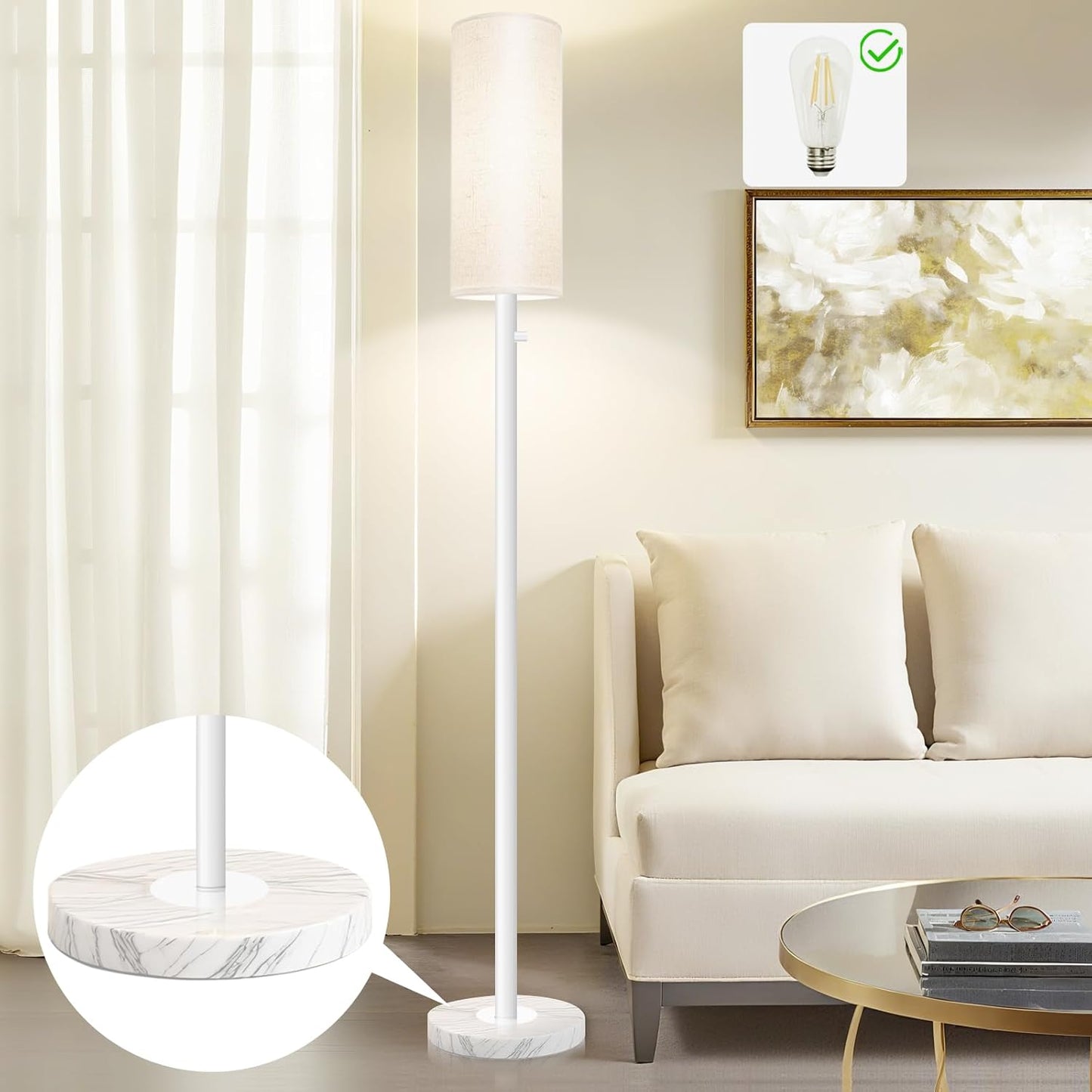 Floor Lamp for Living Room,Dimmable Floor Lamp with LED Bulb,Modern Standing Lamp with Marble Base,Tall Standing Lamps for Living Room,Bedroom,Office,Reading and Nursery(White)