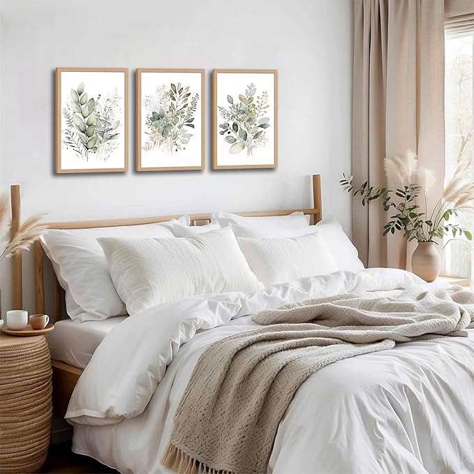 3Pcs Framed Sage Green Botanical Wall Art, Watercolor Canvas Prints Modern Green Plant White Floral Decor for Bedroom Living Room Bathroom Nursery, Ready to Hang wooden frame 12x16In