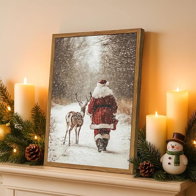 Framed Vintage Christmas Canvas Wall Art, Santa Claus Reindeer Snowy Forest Wall Decor Paintings, Rustic Winter Holiday Aesthetic Pictures Prints Xmas Home Decor for Living Room Bedroom 12×16 inch