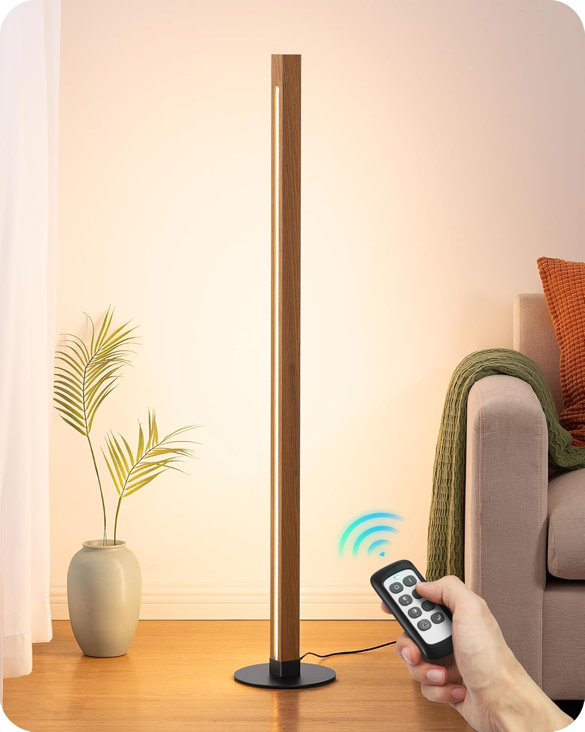 EDISHINE Wood Floor Lamp, Upgraded Dual-Sided Lighting, Minimalist Floor Lamps for Living Room, Corner Floor Lamp with Remote/Foot Control, 7CCT & Dimmable Corner Lamp for Bedroom, Office, Walnut Wood