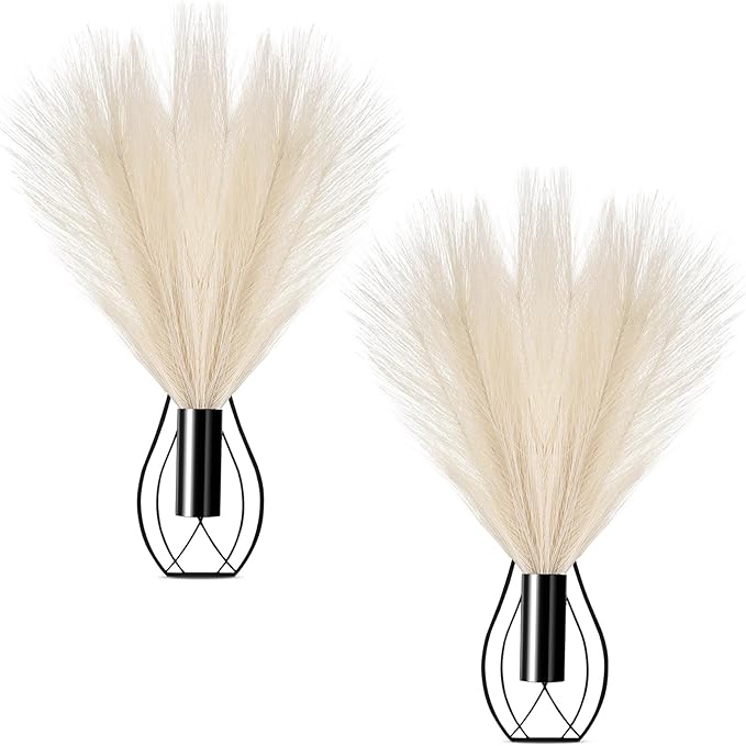 Otoolling 2 Pieces Hanging Plant Wall Decor with Artificial Pampas Grass Metal Hanging Vase Modern Geometric Farmhouse Bohemian Wall Art for Living Room Bedroom Kitchen Bathroom Office (Black, Beige)
