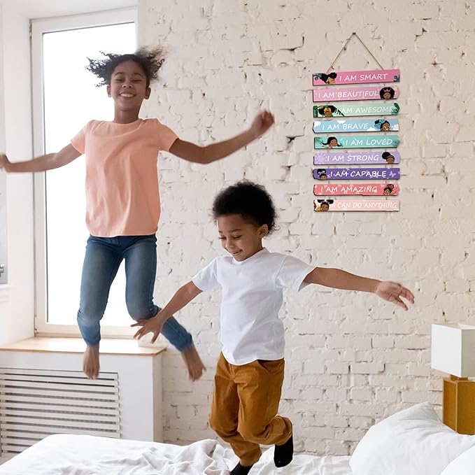 Set of 9 Black Girl Wall Art Decor Wood Motivational Girl Room Wall Art Rainbow Color Positive Inspirational Hanging Sign for Baby Kids Teen Present Bedroom Nursery Decoration
