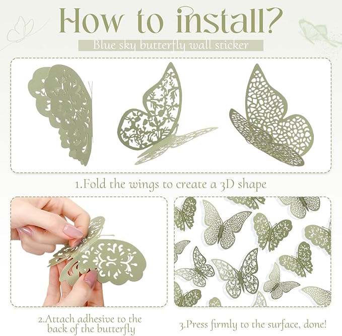 Bememo 72 Pieces 3D Butterfly Wall Decals Sticker Decal Wall Decor Art Decorative Sticker 3 Sizes for Room Offices Bedroom Bathroom Living Room Decor(Sage Green)