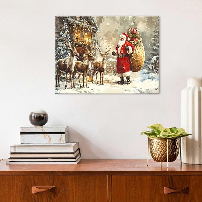 Christmas Wall Art Santa Claus Wall Decor Vintage Farmhouse Deer Pictures Christmas Reindeer Canvas Poster Winter Snow Landscape Painting Artwork for Living Room Bedroom Home Decorations 12x16"