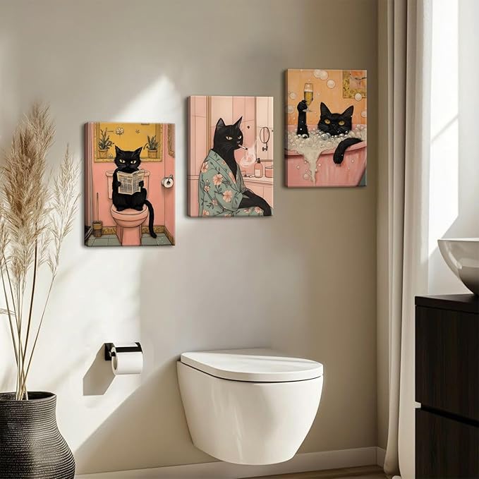 Funny Japanese Black Cat Bathroom Wall Art, Cute Japan Cat in Bathtub Wall Decor Paintings Funky Animal on Toilet Reading Newspaper Poster Canvas Prints Artwork 12x16 inch Framed