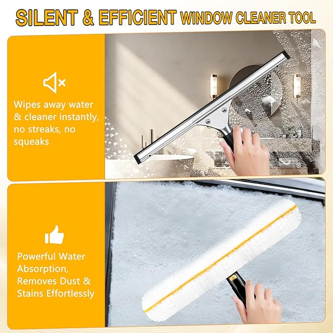 Professional Window Cleaning Squeegee Kit- 14" Squeegee & Microfiber Rotatable Window Scrubber,All-Purpose Tile Shower Walls Window Glass Car Windshield Mirrors,Reusable Microfiber Sleeve