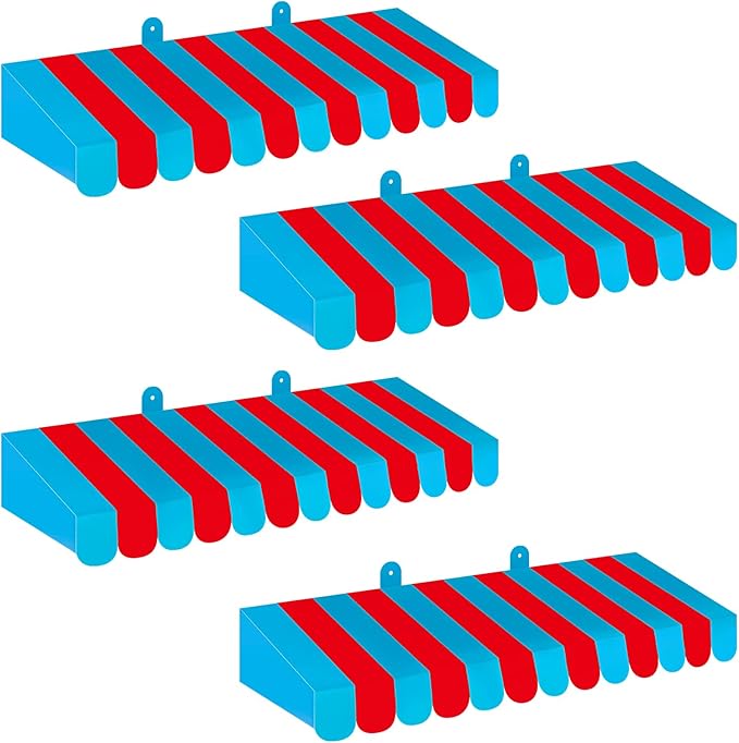 Boao 4 Pack Circus Awning Decoration 3D Stripe Cardboard Awning Carnival Wall Decor Circus Party Favors for Lemonade Stand Bakery Ice Cream Truck Bulletin Board Decor(Red and Blue)