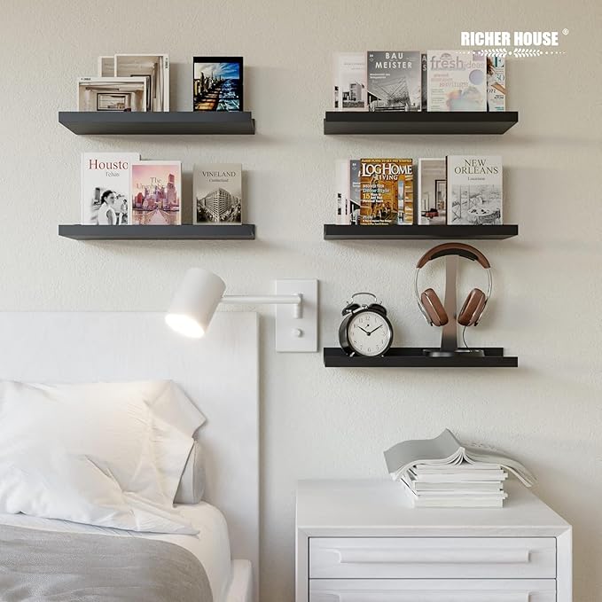 RICHER HOUSE 5 Set Floating Wall Mounted Shelves, Black Shelves for Wall Decor, Modern Picture Ledge Shelf with Lip for Storage, Nursery, Bedroom, Living Room, Bathroom - Black (Pack of 2)
