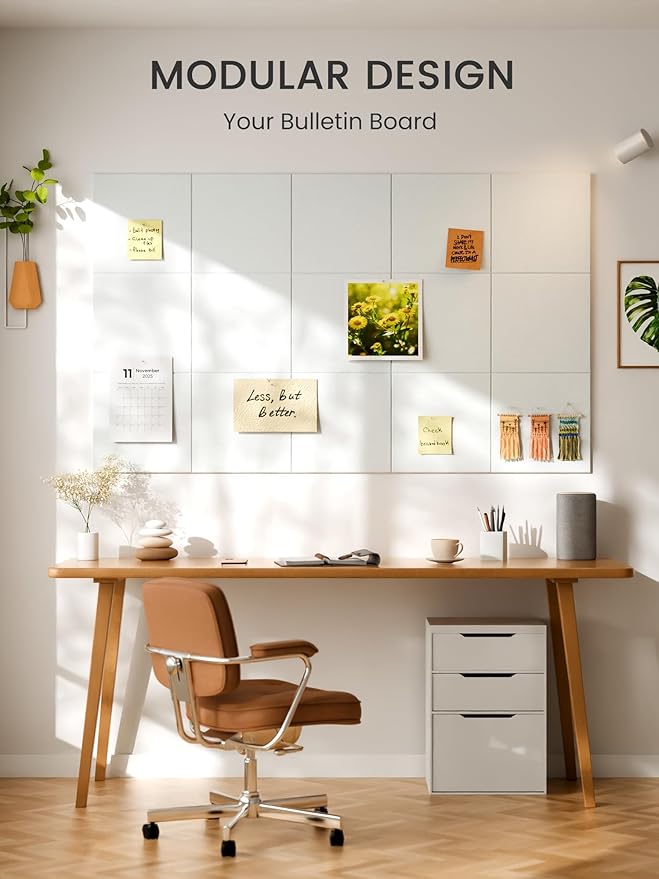 Bumusty Large Cork Board 48" x 36" Alternative - 12 Pack Felt Wall Tiles with 70 Safe Removable Adhesive Tabs, 30 Pushpins, Cork Boards for Walls Pin Board Bulletin Board Office Decor (Cold White)