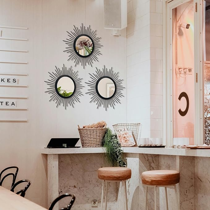 Cityelf 3 Set Black Mirrors for Wall Decor Metal Mirrors Small Mirror Sets Hanging Mirror Wall Sculpture for Bedroom Living Room Entryway