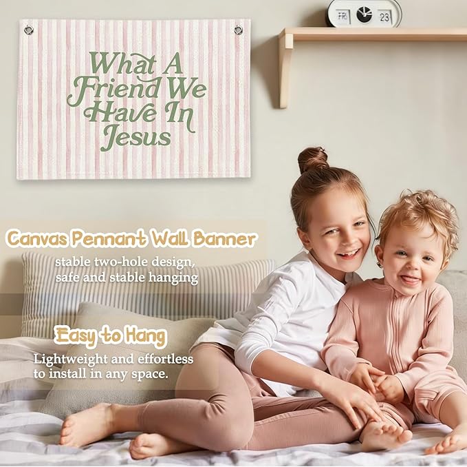 RTXLEZM Kids Room Decor-What a Friend We Have in Jesus Christian Canvas Banner Wall Hanging,Pink Stripes Minimalist Bible Verse Wall Art Prints for Classroom, Nursery, Kids Room