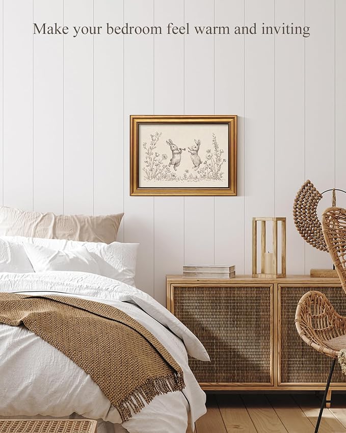 InSimSea Gold Framed Canvas Prints Wall Art, Vintage Nursery Decor, Rabbits Flowers Easter Animal Line Paintings Wall Decor Aesthetic, Neutral Pictures for Bedroom Living Room Shelf, 12x16inch