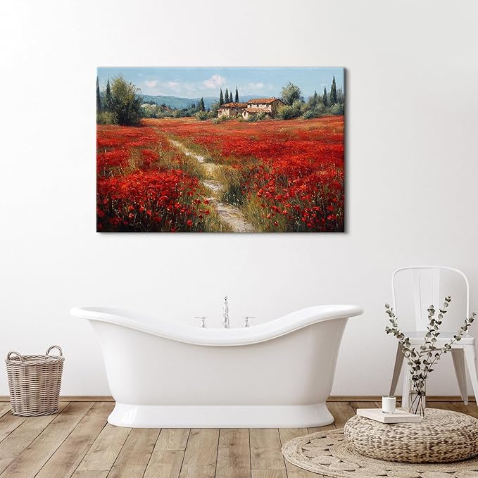 Farmhouse Flower Landscape Wall Art Red Poppy Flower Pictures for Bathroom Decor Vintage Floral Field Paintings Country Scenery Canvas Prints Artwork for Living Room Bedroom Home Decoration 32x48"