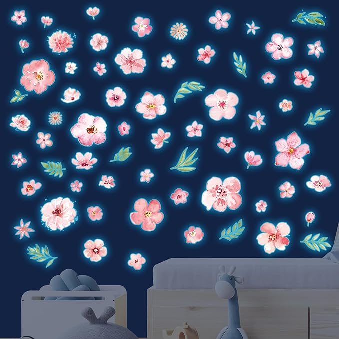 Glow in The Dark Boho Flower Wall Decals，Glowing Luminous Pink Watercolor Flower Wall Stickers Removable self-Adhesive Wildflower Decals for Girls Bedroom Kids Baby Nursery Living Room Decor
