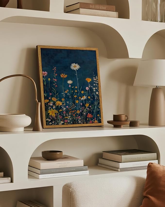 WHASAYART Botanical Floral Canvas Print 8x10 Framed Wildflower Wall Art, Rustic Dark Blue Colorful Flower Artwork, Vibrant Vintage Painting Living Room Kitchen Bedroom Hallway Home Decor