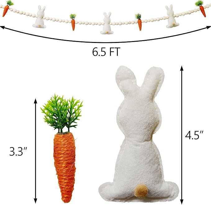 6.5FT Easter Decorations Bunny Carrot Garland - Handmade Felt Bunny Carrot Spring Garland Decoration for Mantle Fireplace Wall - Rustic Hanging Easter Banner for Inside Home Farmhouse Indoor Decor