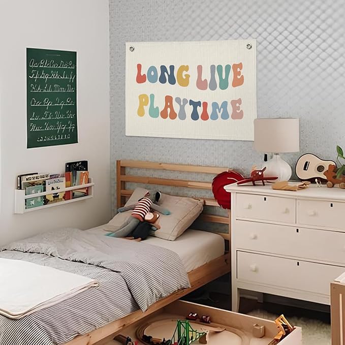 Playroom Decor, Long Live Playtime Banner, Boho Rainbow Linen Banner Wall Hanging Banner Flag Decor for Toddler Boy Kids Room Nursery Playroom