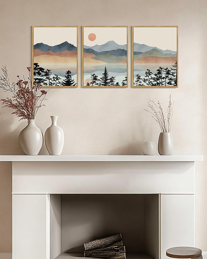 Drsoum Mountain Range Landscape Wall Art Framed Ink Wash Watercolor Nature Wall Decor Laker Sun Rises Prints Bedroom Living Room Ready to Hang 12x16in Natural Framed