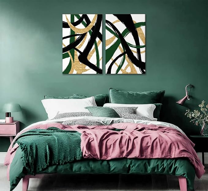 GKQNMU 2pcs Abstract Stripe Canvas Wall Art Modern Minimalist Geometry Wall Decoration Pictures Green Gold And Black Prints Posters Paintings for Living Room Bedroom Office Decoration Ready To Hang