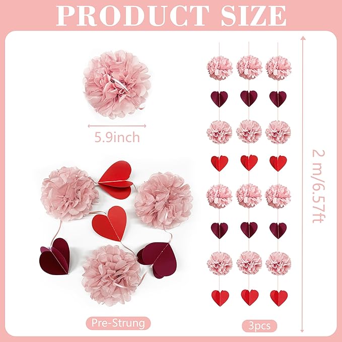 Dusty Rose Pink Party Decoration Tissue Flowers Pom Pom with Burgundy Red 3D Heart Hanging Paper Garland Banner Streamer for Valentines Day Birthday Baby Shower Wedding Bridal Shower Party Supplies