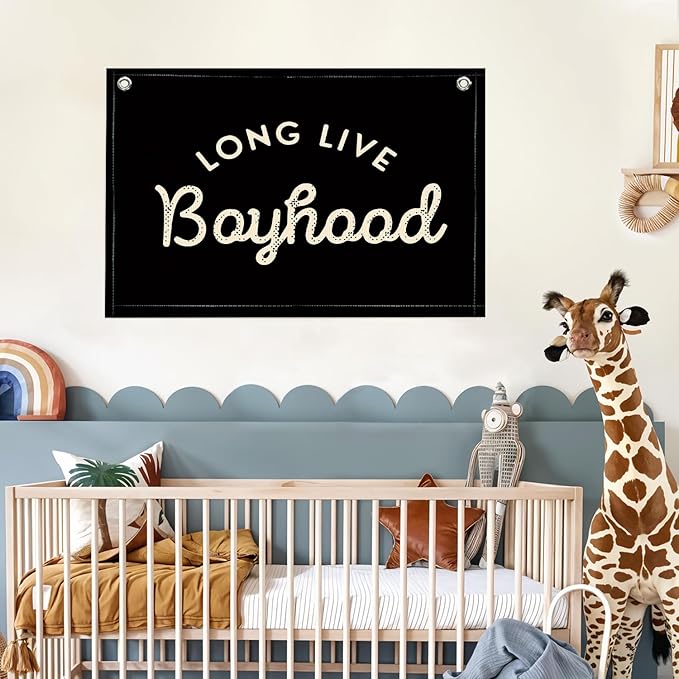 Lacama Long Live Boyhood Boys Room Decor, Boy Nursery Decor, Canvas Banner Wall Hanging Banner Flag Decor for Nursery Playroom Toddler Room, Boys Kids Rooms Decor 30x20 Inch (Black)