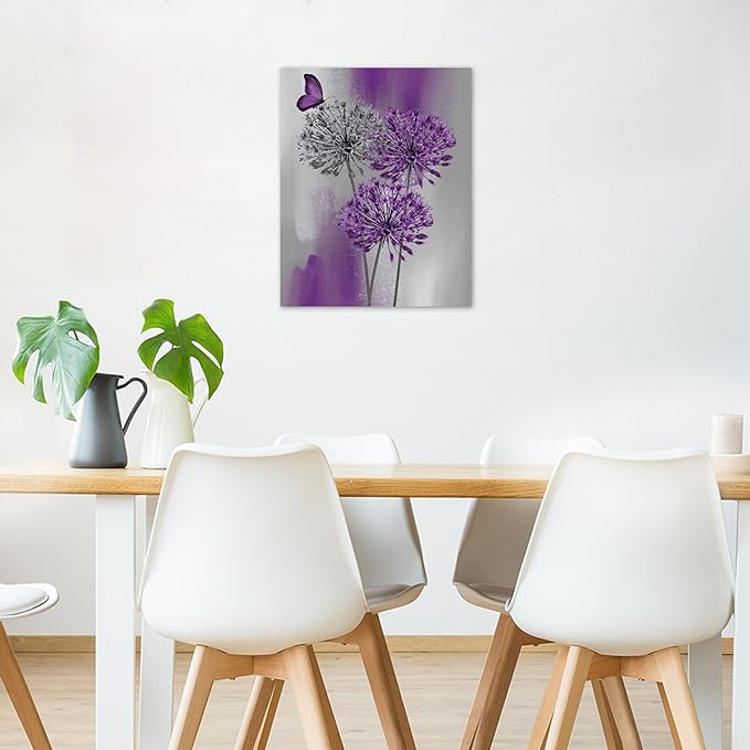 LB Purple Dandelion Wall Art Purple and Grey Floral with Butterfly Canvas Wall Art Modern Abstract Wall Art Decor for Living Room Bedroom Bathroom Office Framed Ready to Hang 10L x 8W