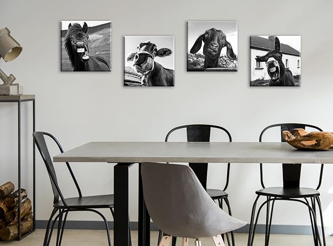 Black and White Wall Art Animal Wall Decor Horse Donkey Sheep Cow Canvas Pictures Prints Funny Decor Posters for Mens Bedroom Office Farmhouse Decoration Stretched Framed Ready to Hang 12×12 inch×4