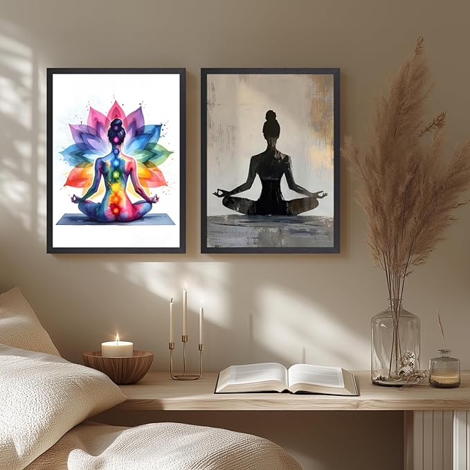 GELDSTEI Wood Framed Zen Wall Art, Chakra Yoga Wall Decor, Colorful Meditation Poster Print, Spiritual Canvas Painting, Vibrant Meditating Woman Aesthetic Picture for Living Room Yoga Studio 16x24 Inch