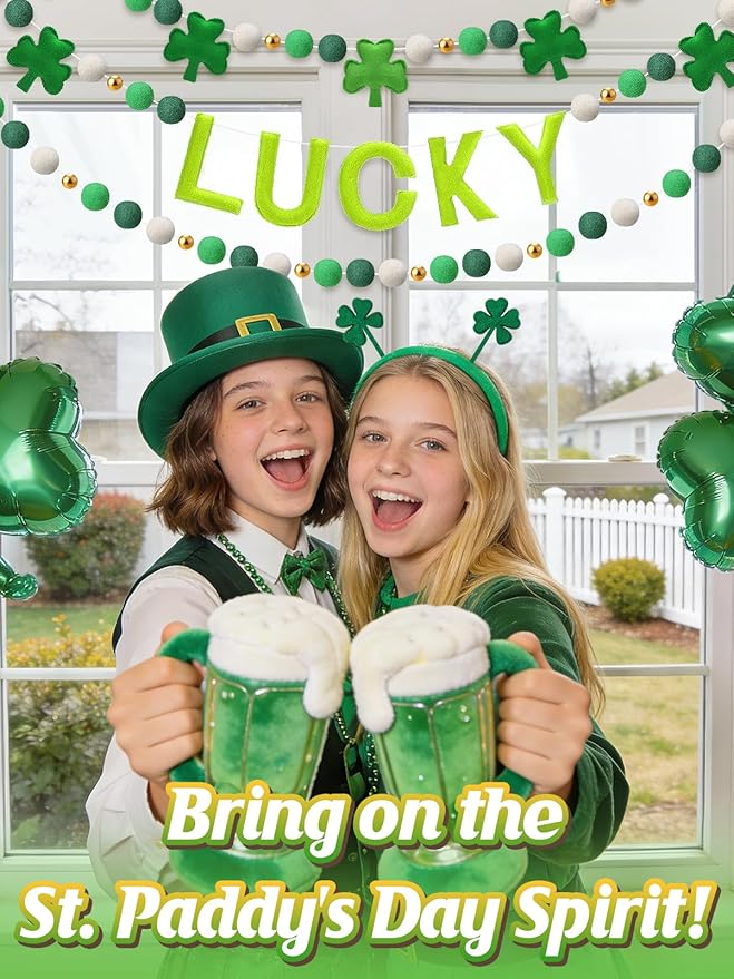 3 Pack Felt St. Patrick's Day Decorations Garland - 6.6 ft Lucky Felt Ball Pom Pom with Silver Beads, Shamrock Garlands for Mantel Home Supplies