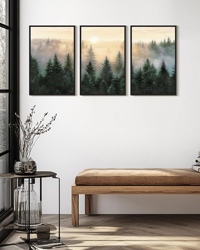 Drsoum Green Fog Pine Tree Landscape Wall Art Framed Nature Misty Nordic Forests Prints Morden Farmhouse Rustic Artwork Hallway Bedroom Ready to Hang 16x24in Black Framed