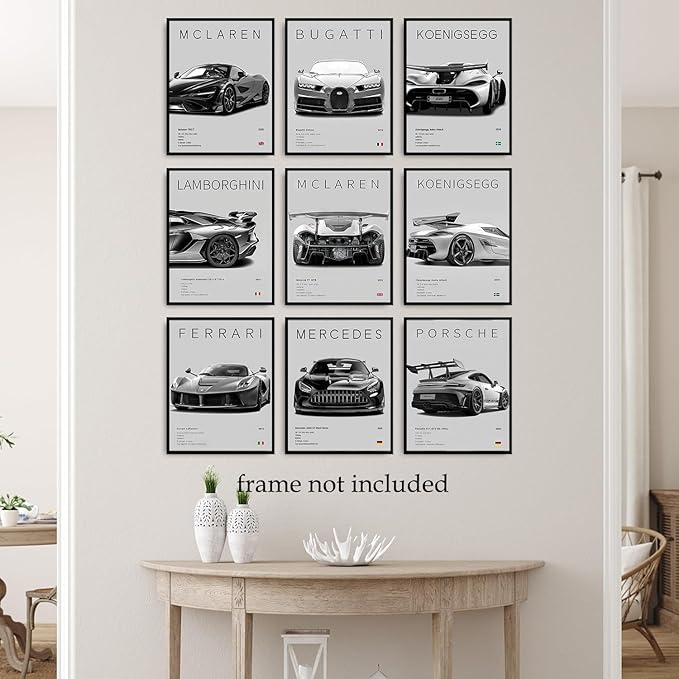 CSLGQGV Car Posters Vintage Racing Car Wall Art Supercar Canvas Prints Painting For Men Room Pictures Guys Dorm Room Aesthetics Decor Bedroom Office (Unframed,8×10inch,9pcs)