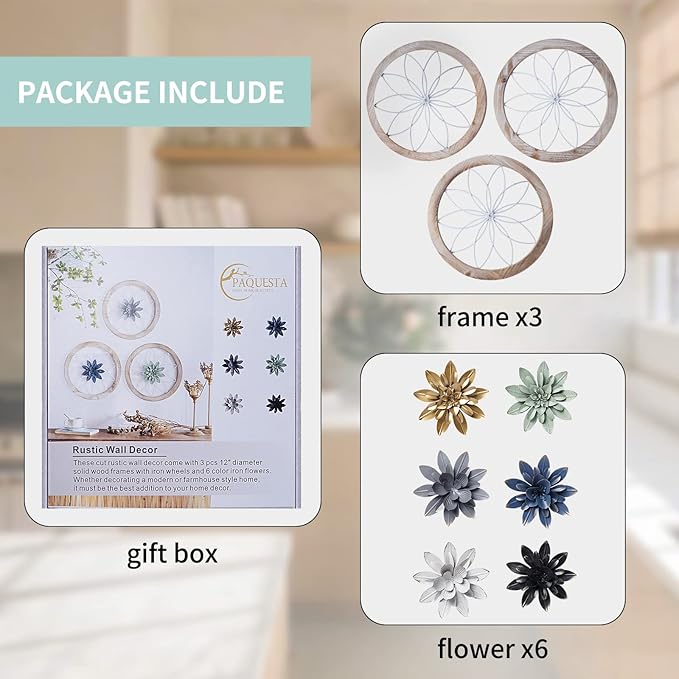 Paquesta 3 Piece Round Farmhouse Wall Decor with 6 Piece Interchangeable Flowers 15.75'' Medallion Wood & Metal Rustic Wall Art for Living Room Bedroom Kitchen Bathroom Dining Room Home Decorations (large white wheel)