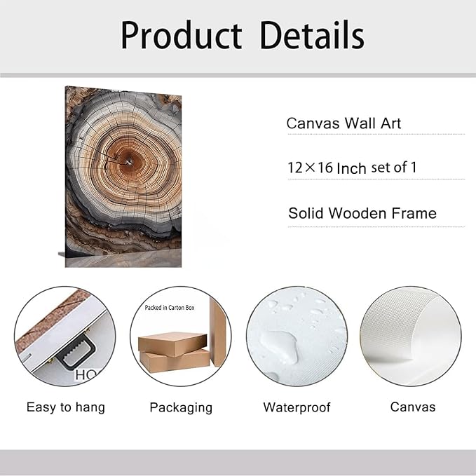 IBHJSART Framed Tree Ring Canvas Wall Art Abstract Colorful Wood Stump Decor Painting Prints Modern Minimalist Pictures Neutral Nature Rustic Farmhouse Living Room Bedroom Bathroom Office