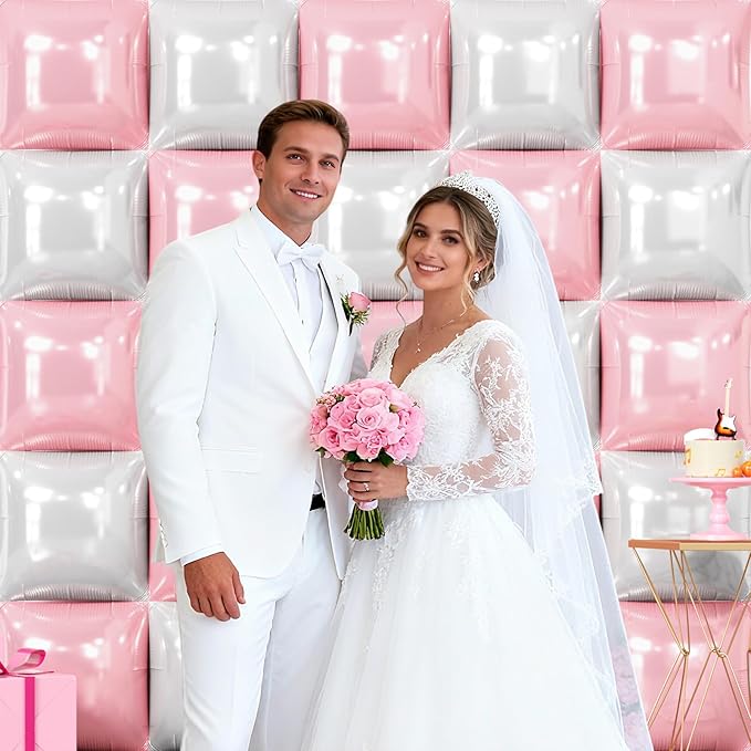 NISOCY 25PCS Pearl Pink and White Square Foil Balloons Wall Backdrop Double Sided Pink and Pearl White Balloons Arch Kit for Wedding Birthday Baby Shower Bride Girl Party Decorations