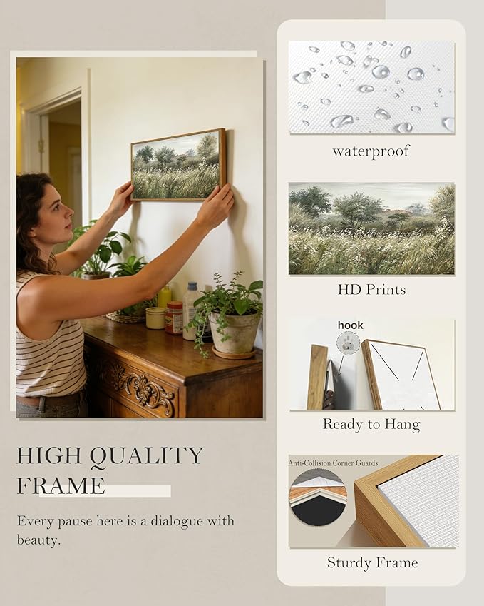 SHENIFY Vintage Landscape Framed Wall Art Meadow Scenery Farmhouse Decor Retro Painting for Bedroom Living Room Ready to Hang Wall Artwork - 8x16in Natural Framed