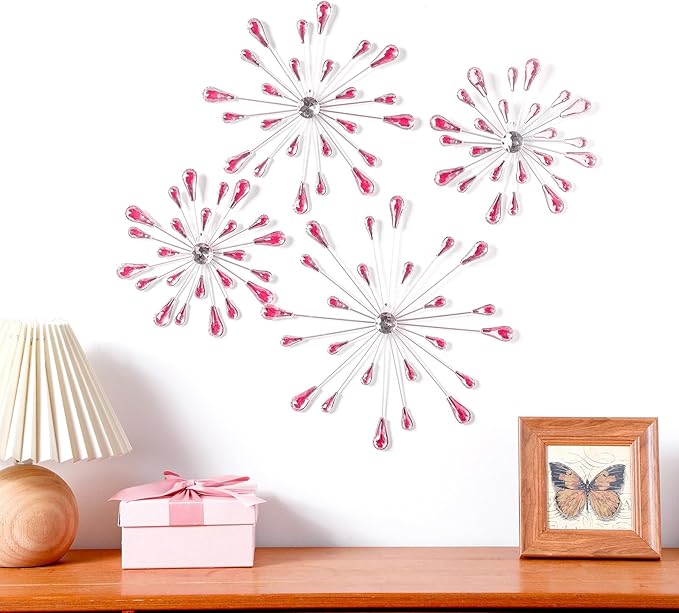 Hicarer 4 Pcs Starburst Wall Decor Bling Wall Art Crystal Teardrop 3D Hanging Rhinestone Radial Metal Artwork Modern Accent Sculptures Decorations for Living Room Home Office Bedroom(Pink)