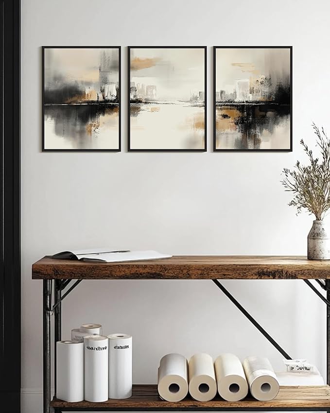 Drsoum Vintage Black Gray Abstract Wall Art Framed Brown Tan Neutral Prints Minimalist Modern Rustic Artwork Bedroom Living Room Ready to Hang 12x16in Black Framed