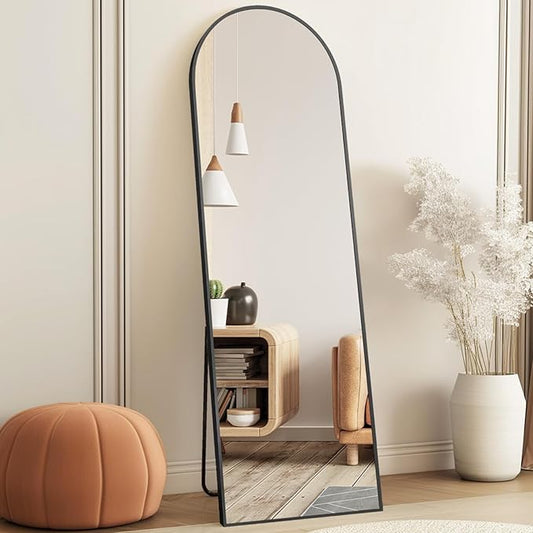 DUMOS Arched Full Length Mirror with Stand Floor Standing Aluminum Frame for Bedroom Body Hanging Leaning Modern Simple Home Decor Shatter-Proorf Nano Glass Wall Cloakroom Natural Black 59"x16"