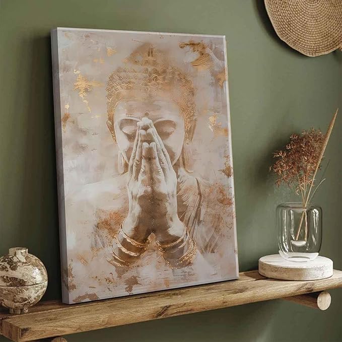 Gold Buddha Canvas Wall Art Abstract Buddhism Worship Painting Decor Pictures Zen Spiritual Meditation Posters Prints for Meditation Room Living Room Modern Spiritual Yoga Spa Bedroom Decoration