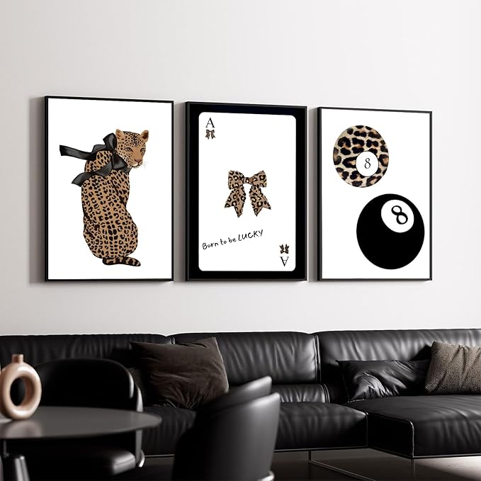 Set of 3 Trendy 8 Ball Leopard Wall Art Ace Card Bow Wall Decor Pictures Funky Born To Be Lucky Posters Prints Preppy Aesthetic Cheetah Room Decor for Girls Bedroom Apartment Dorm Unframed 12x16in