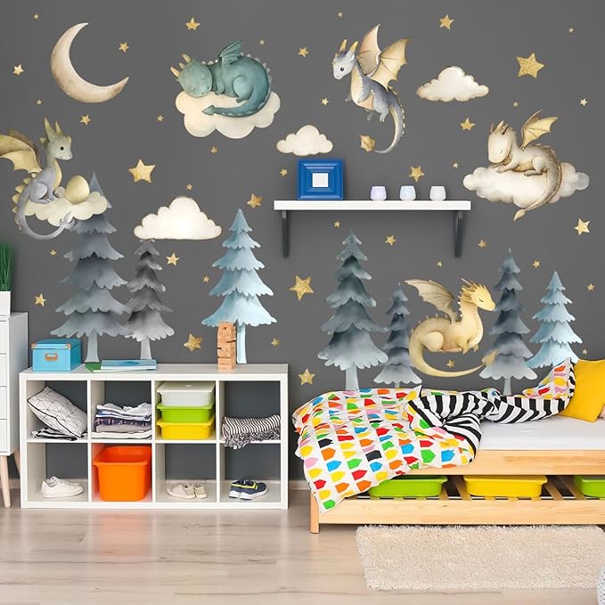Dragon Wall Stickers,Peel and Stick Colorful Flying Dragon,White Clouds, Stars.Tree Self-Adhesive Mural，Removable Wall Sticker for Living Room Baby Nursery Kids Room Wall Decor (Large Dragon Decal)