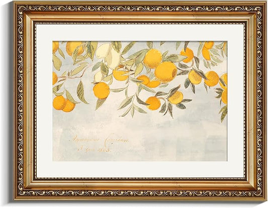 VIYYIEA Gold Framed Vintage Botanical Citrus Fruits Canvas Wall Art, Mediterranean Orange Tree Branch Illustration for Kitchen or Dining Room | Lightweight No Glass, Classic Decor | 11x14 Inch