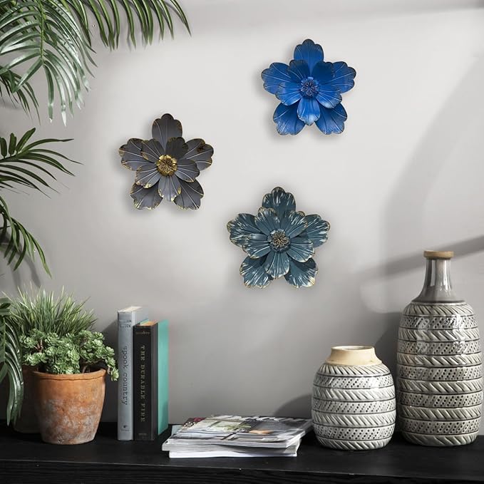 Metal Flower Wall Sculpture, 9.5" Rustic Modern Artwork Distressed 3D Layered Vintage Iron Flower Wall Hanging Accent for Indoor Kitchen, Bedroom Living Room Office Outdoor Garden Patio Decor (Blue)