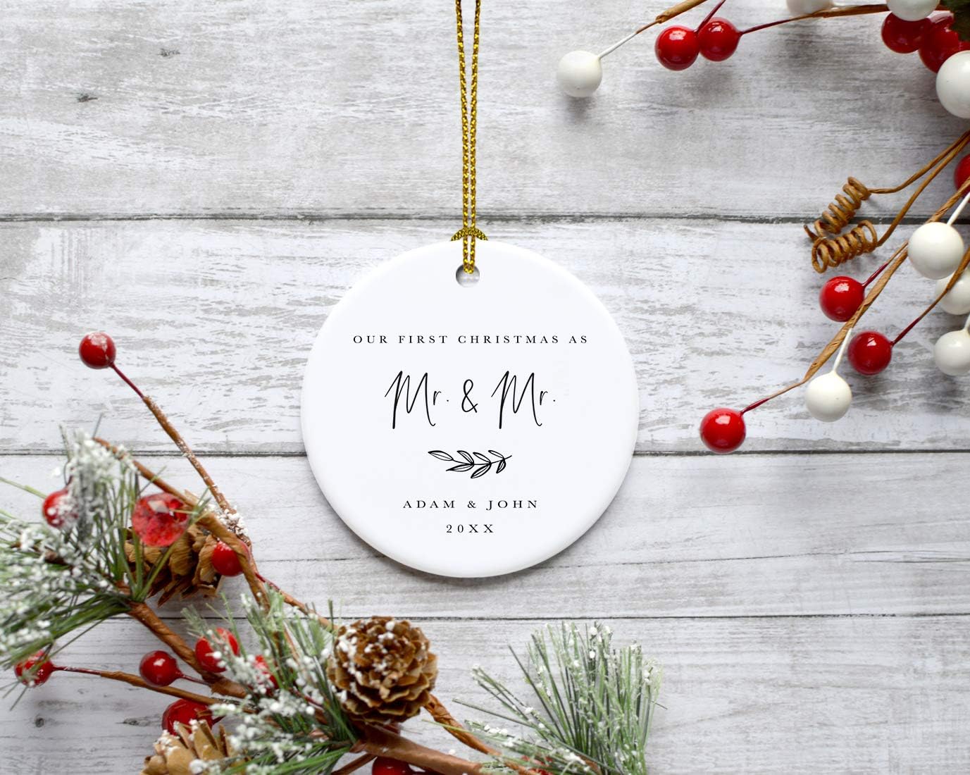 Andaz Press Personalized Gay Couple Wedding Round Ceramic Porcelain Tree Ornament Engagement Keepsake Gift, Our First Christmas As Mr. & Mr, 2024, Antique Handdrawn, 1-Pack Gay Christmas Ornaments