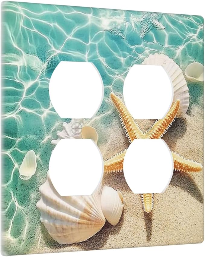 Outlet Covers Sea Shells And Star Fish In Ocean Beach 2 Gang Double Duplex Decorative Light Switch Covers Electrical Wallplates Socket Faceplate For Bathroom Home Decor