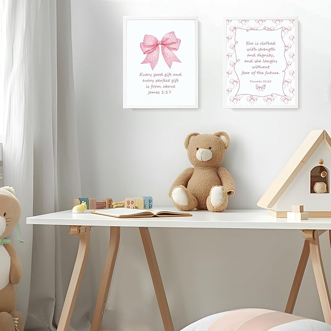 LARTSFRO Coquette Pink Bow Jesus Wall Art Decor Posters, Light Pink Bow Christian Room Bedroom Bathroom Dorm Wall Art Decor Aesthetic for College Teen Girls Gifts, Inspirational Bible Verses Bow Wall Decor, 10x8 Inch Set of 4 Bow Pictures (UNFRAMED)