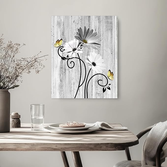 HVEST Grey Daisy Canvas Wall Art Rustic Farmhouse Gray Floral and Yellow Butterfly Bathroom Wall Decor, Vintage Flower Wall Art for Living Room Bedroom Home Office Decor, 16L x 12W Inches