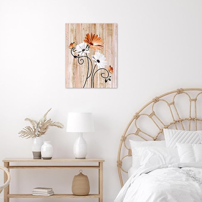 HVEST Orange Daisy Wall Art Vintage Floral and Butterfly on Rustic Wooden Canvas Wall Art Farmhouse Plant Wall Art for Living Room Bathroom Bedroom Office Decor, 10Lx8W Inches