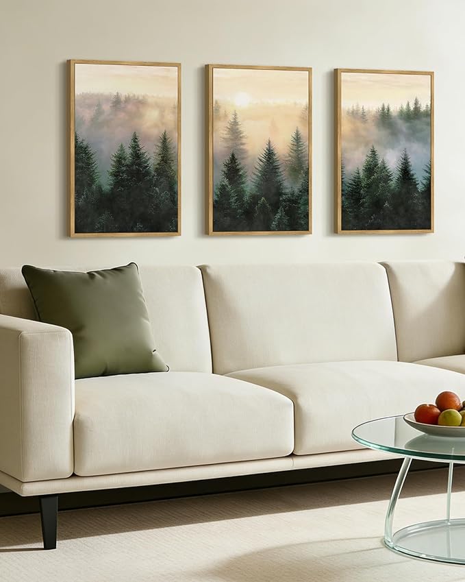 Drsoum Green Fog Pine Tree Landscape Wall Art Framed Nature Misty Nordic Forests Prints Morden Farmhouse Rustic Artwork Hallway Bedroom Ready to Hang 16x24in Natural Framed