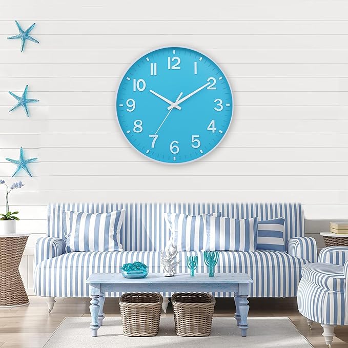 HZDHCLH Wall Clock 3D Numbers Wall ClockBattery-Powered 12-inch Silent Non-Tick Modern Wall Clock for Living Room, Bedroom, Kitchen, and Office Decoration (Blue and White)